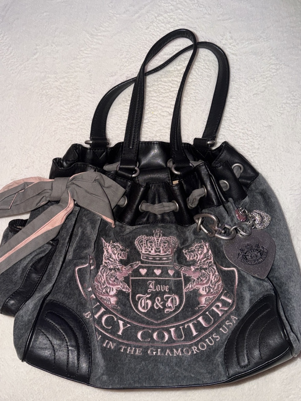 Vintage Juicy Couture Black & Gray Shoulder Tote with Pink Crest Detail